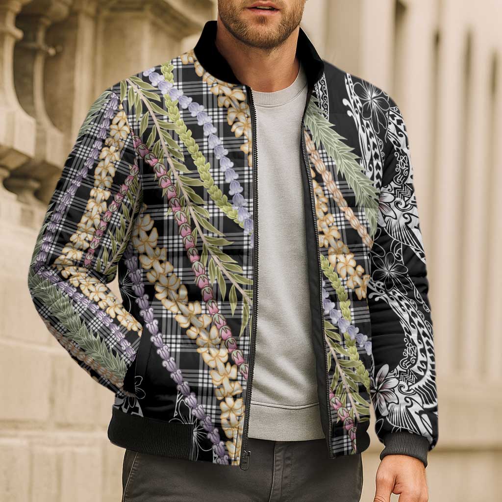 Black Palaka Hawaii Leis Bomber Puffer Jacket Hawaiian-plaid Elegant Tropical Vibes LT14 - Polynesian Pride