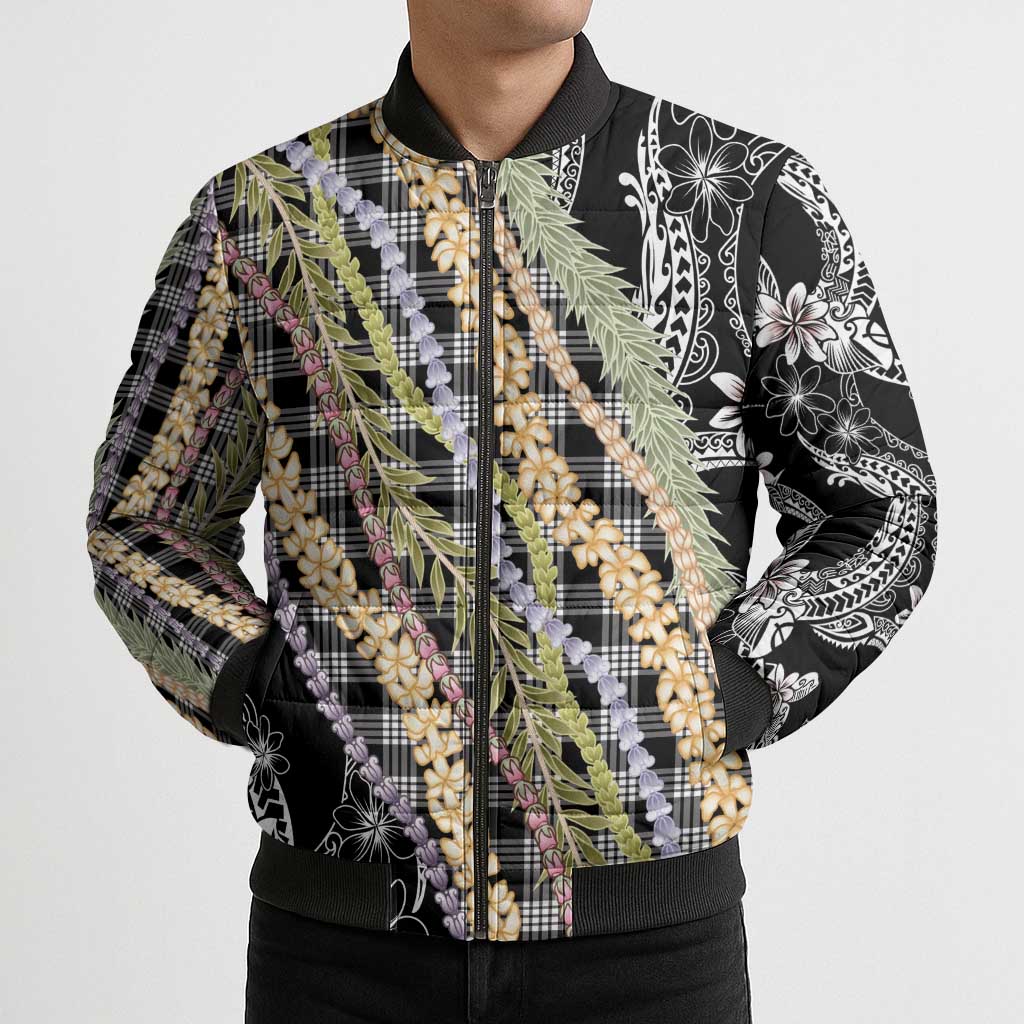 Black Palaka Hawaii Leis Bomber Puffer Jacket Hawaiian-plaid Elegant Tropical Vibes LT14 - Polynesian Pride