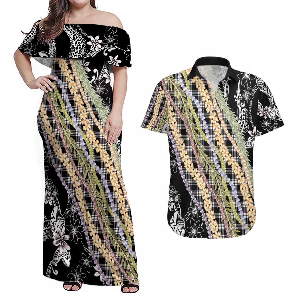Black Palaka Hawaii Leis Couples Matching Off Shoulder Maxi Dress and Hawaiian Shirt Hawaiian-plaid Elegant Tropical Vibes - Polynesian Pride