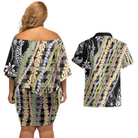 Black Palaka Hawaii Leis Couples Matching Off Shoulder Short Dress and Hawaiian Shirt Hawaiian-plaid Elegant Tropical Vibes - Polynesian Pride