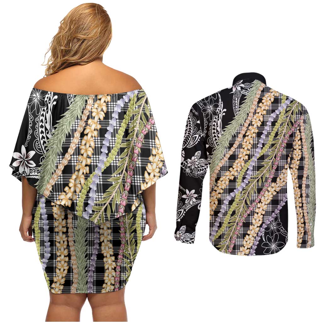 Black Palaka Hawaii Leis Couples Matching Off Shoulder Short Dress and Long Sleeve Button Shirt Hawaiian-plaid Elegant Tropical Vibes - Polynesian Pride
