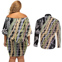 Black Palaka Hawaii Leis Couples Matching Off Shoulder Short Dress and Long Sleeve Button Shirt Hawaiian-plaid Elegant Tropical Vibes - Polynesian Pride