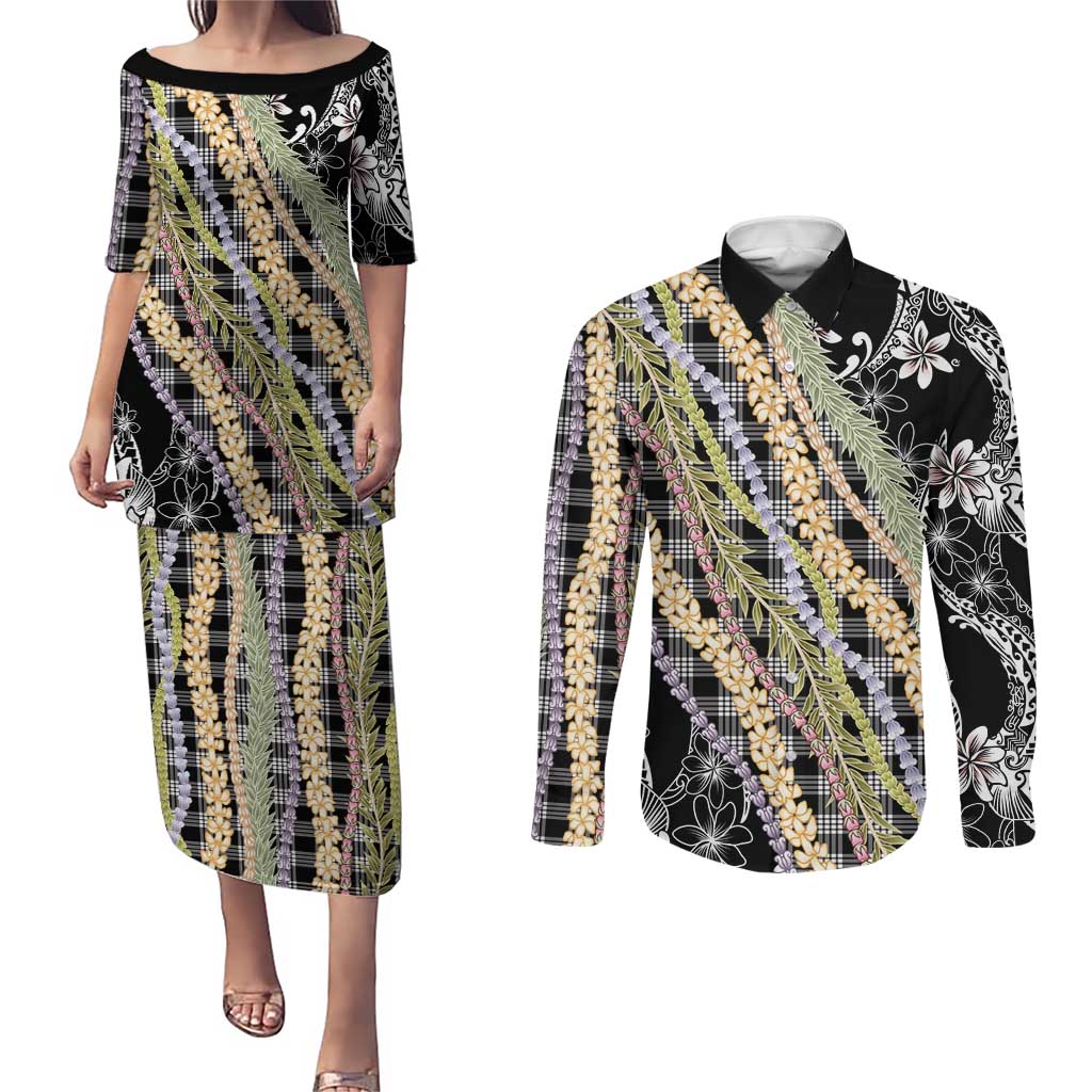 Black Palaka Hawaii Leis Couples Matching Puletasi and Long Sleeve Button Shirt Hawaiian-plaid Elegant Tropical Vibes LT14 Black - Polynesian Pride