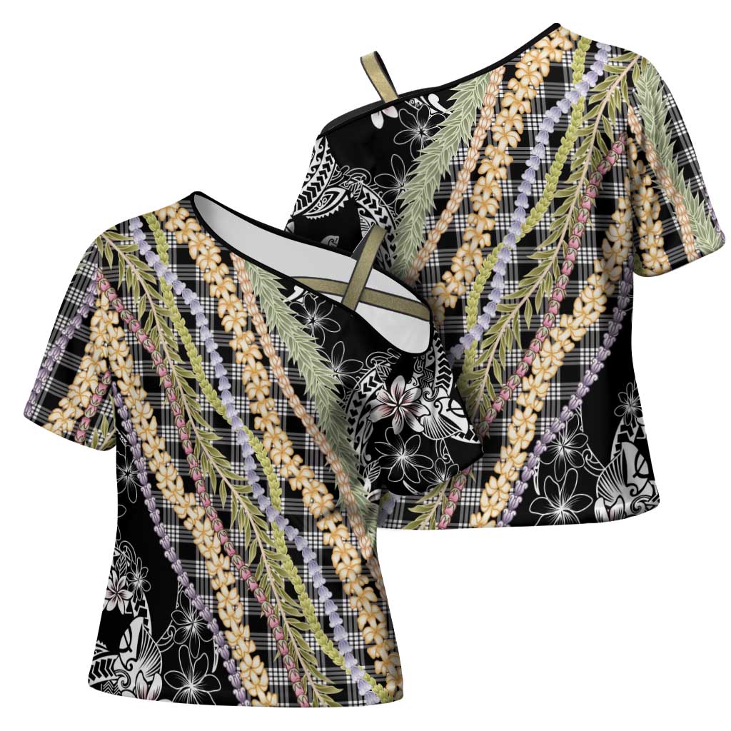 Black Palaka Hawaii Leis Cross Shoulder Shirt Hawaiian-plaid Elegant Tropical Vibes LT14 - Polynesian Pride