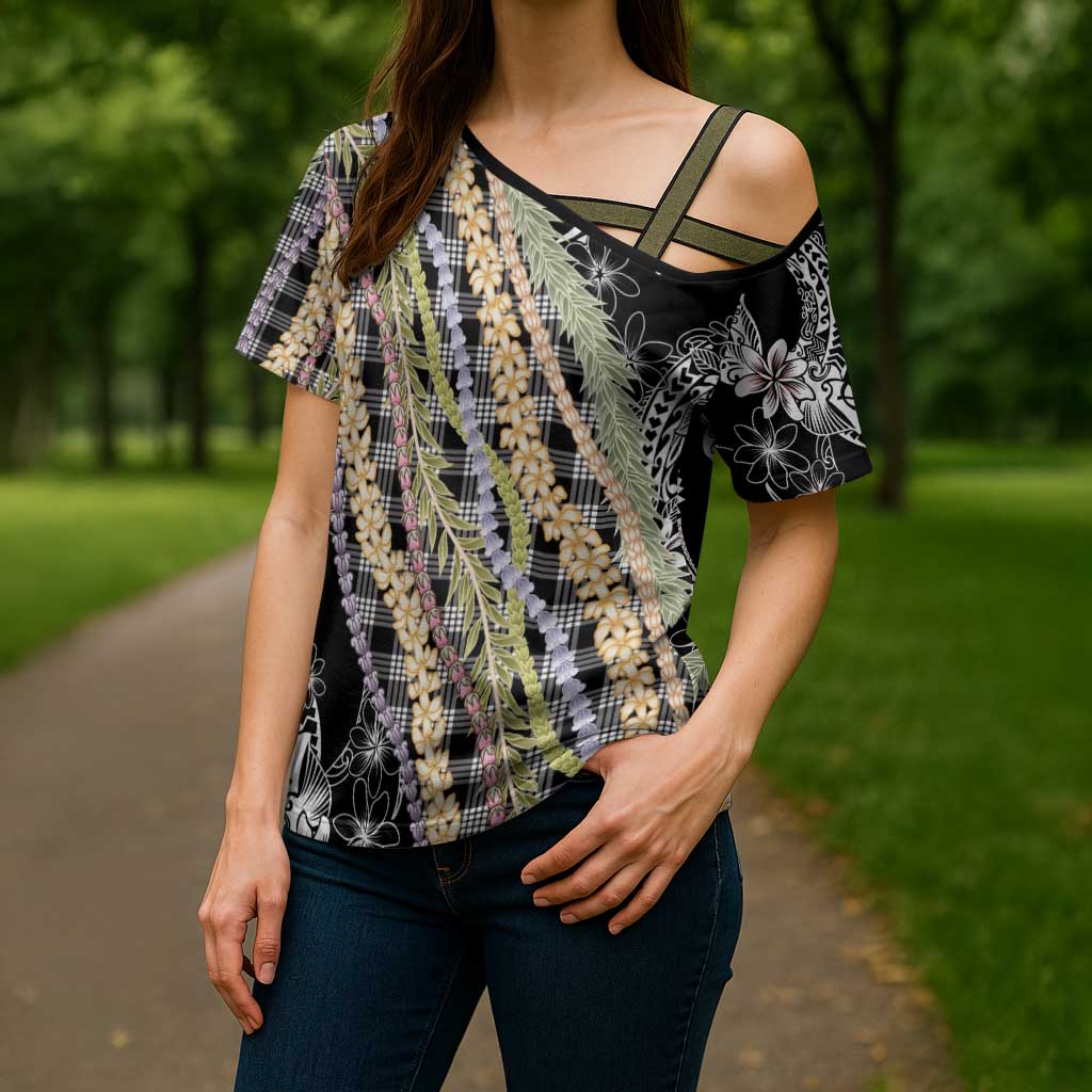 Black Palaka Hawaii Leis Cross Shoulder Shirt Hawaiian-plaid Elegant Tropical Vibes LT14 - Polynesian Pride