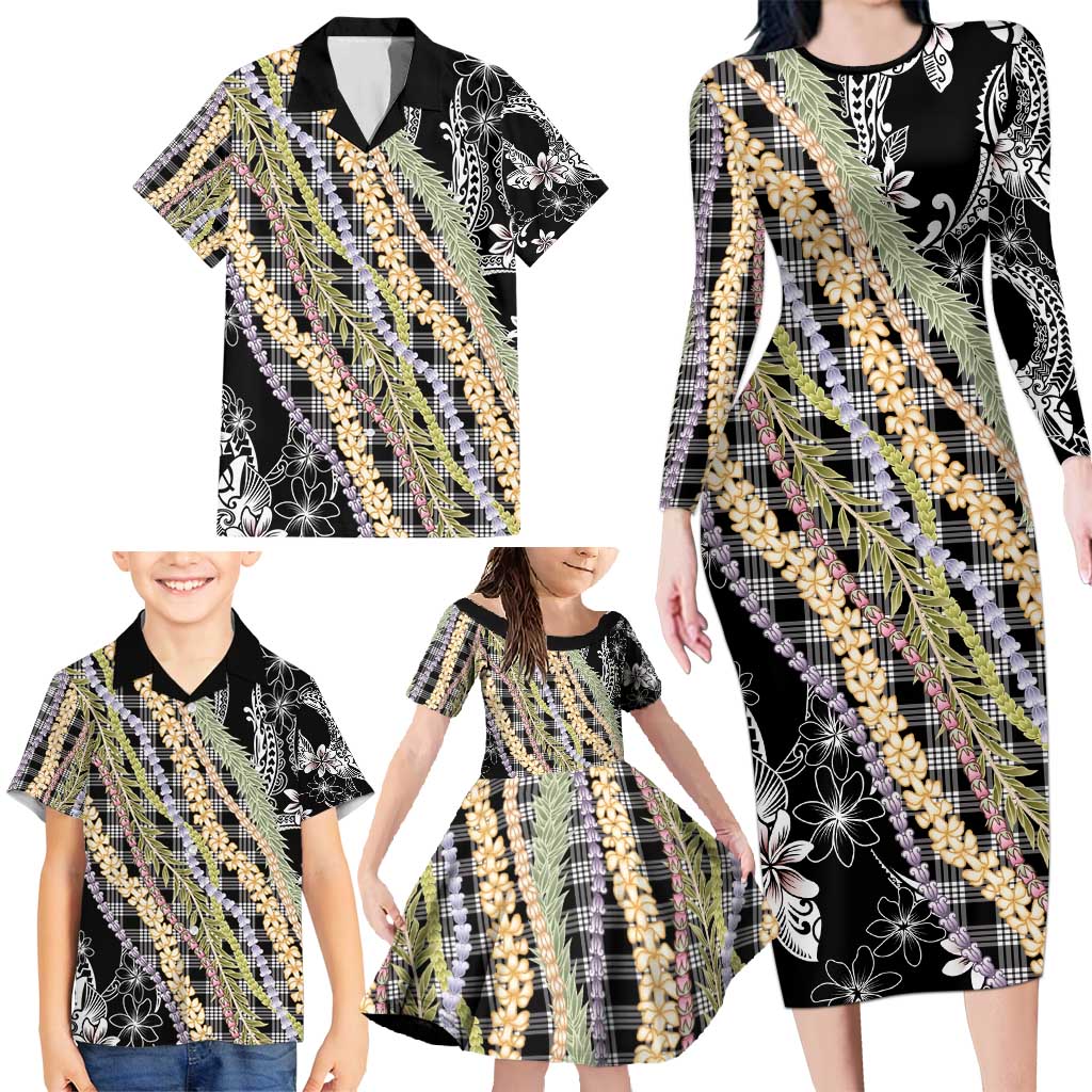 Black Palaka Hawaii Leis Family Matching Long Sleeve Bodycon Dress and Hawaiian Shirt Hawaiian-plaid Elegant Tropical Vibes - Polynesian Pride