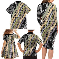 Black Palaka Hawaii Leis Family Matching Long Sleeve Bodycon Dress and Hawaiian Shirt Hawaiian-plaid Elegant Tropical Vibes - Polynesian Pride