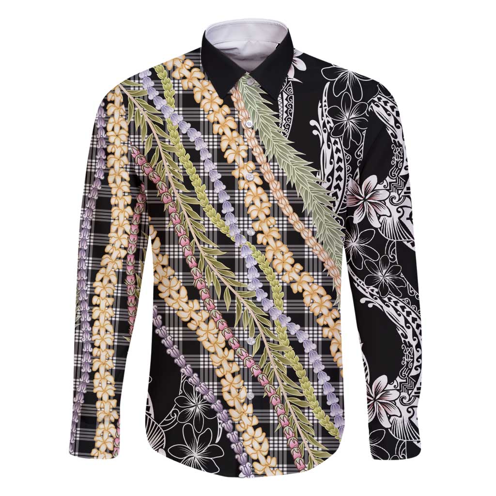 Black Palaka Hawaii Leis Family Matching Long Sleeve Bodycon Dress and Hawaiian Shirt Hawaiian-plaid Elegant Tropical Vibes - Polynesian Pride