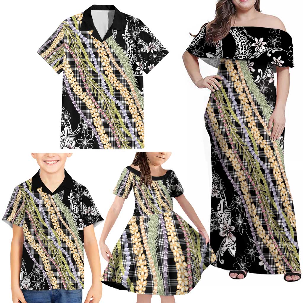 Black Palaka Hawaii Leis Family Matching Off Shoulder Maxi Dress and Hawaiian Shirt Hawaiian-plaid Elegant Tropical Vibes - Polynesian Pride