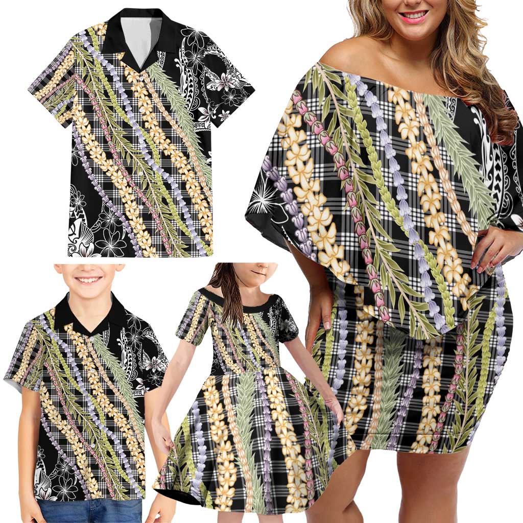 Black Palaka Hawaii Leis Family Matching Off Shoulder Short Dress and Hawaiian Shirt Hawaiian-plaid Elegant Tropical Vibes - Polynesian Pride