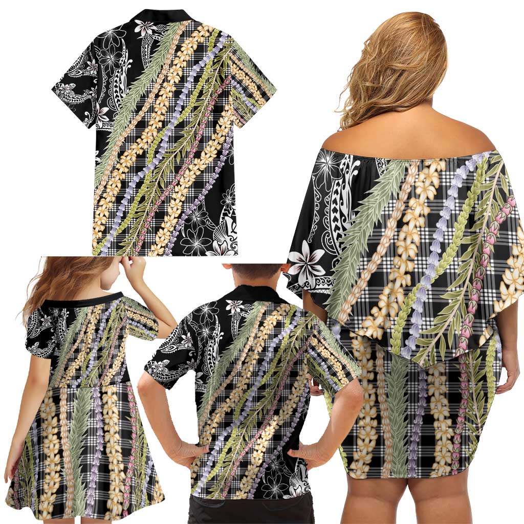Black Palaka Hawaii Leis Family Matching Off Shoulder Short Dress and Hawaiian Shirt Hawaiian-plaid Elegant Tropical Vibes - Polynesian Pride