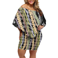 Black Palaka Hawaii Leis Family Matching Off Shoulder Short Dress and Hawaiian Shirt Hawaiian-plaid Elegant Tropical Vibes - Polynesian Pride