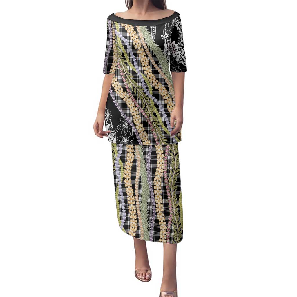 Black Palaka Hawaii Leis Family Matching Puletasi and Hawaiian Shirt Hawaiian-plaid Elegant Tropical Vibes - Polynesian Pride