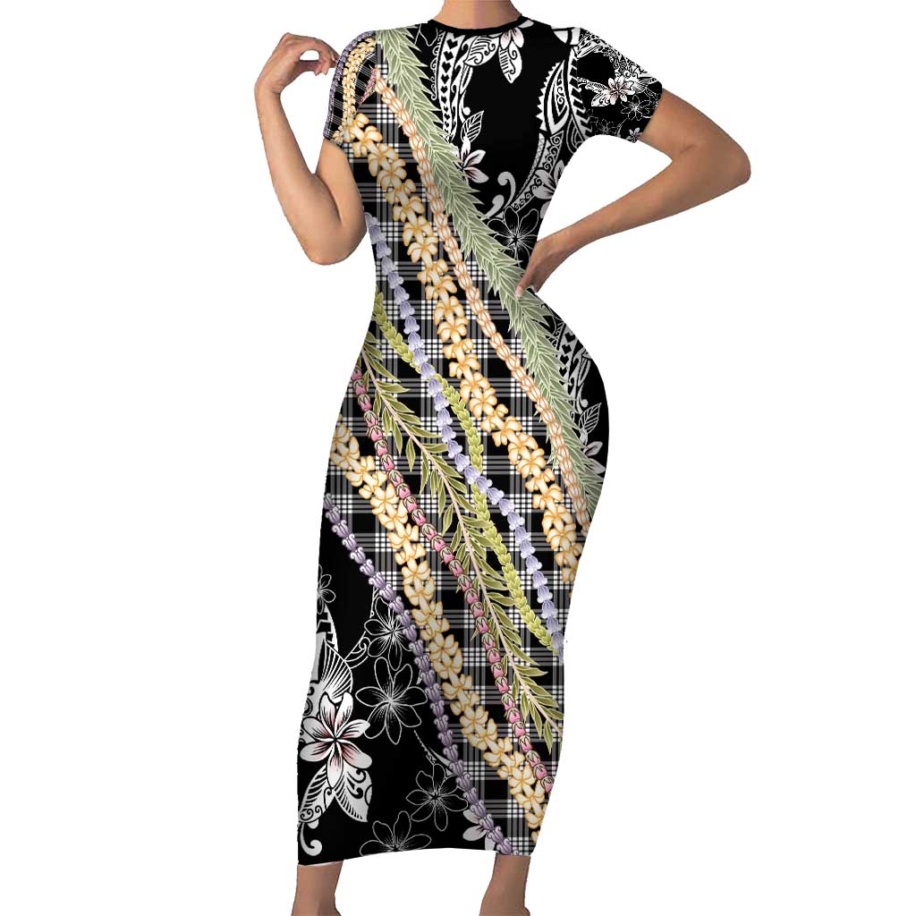 Black Palaka Hawaii Leis Family Matching Short Sleeve Bodycon Dress and Hawaiian Shirt Hawaiian-plaid Elegant Tropical Vibes - Polynesian Pride