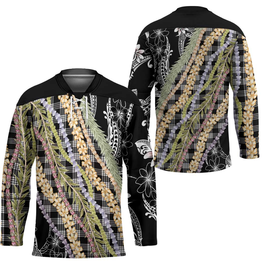Black Palaka Hawaii Leis Hockey Jersey Hawaiian-plaid Elegant Tropical Vibes - Polynesian Pride