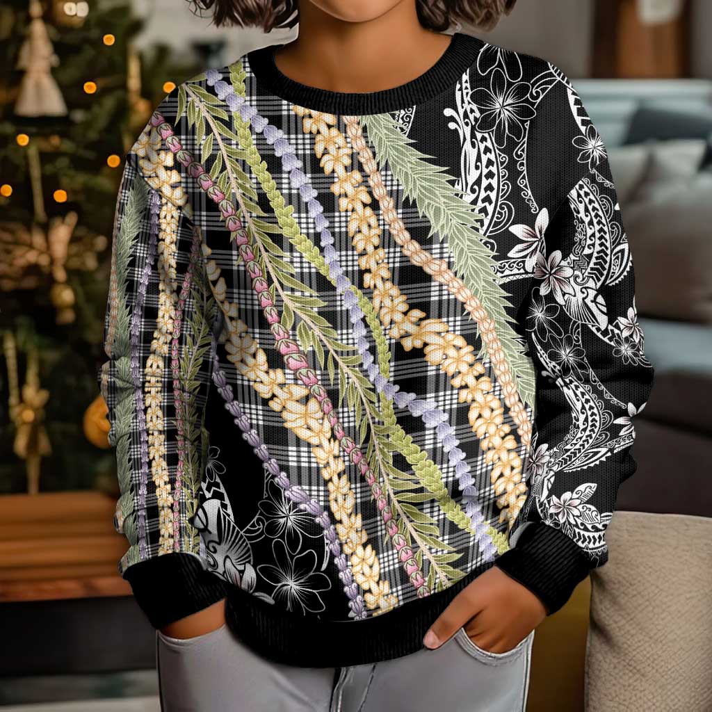Black Palaka Hawaii Leis Kid Ugly Christmas Sweater Hawaiian-plaid Elegant Tropical Vibes LT14 - Polynesian Pride