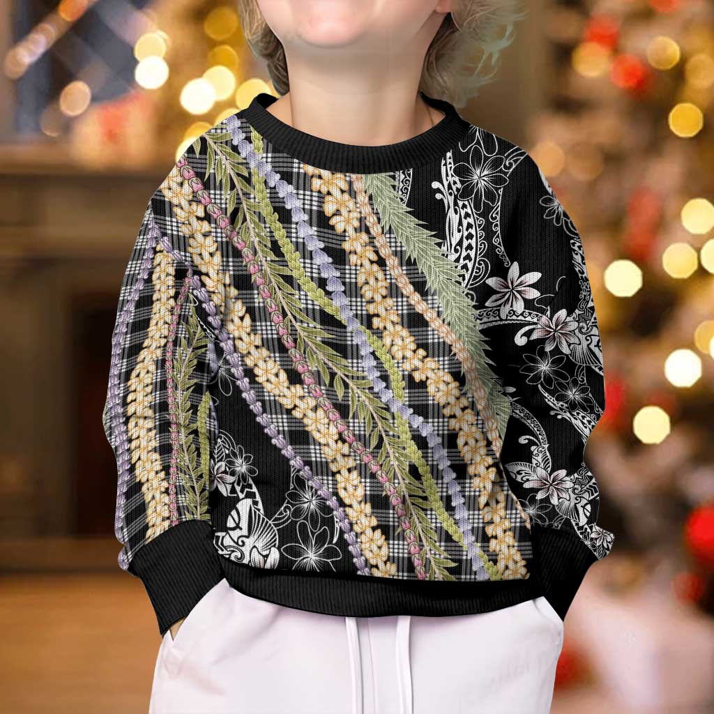 Black Palaka Hawaii Leis Kid Ugly Christmas Sweater Hawaiian-plaid Elegant Tropical Vibes LT14 - Polynesian Pride