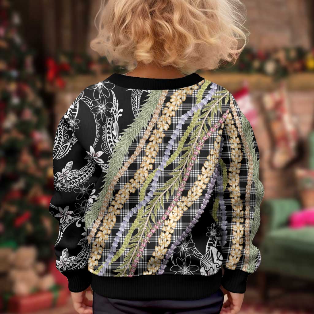Black Palaka Hawaii Leis Kid Ugly Christmas Sweater Hawaiian-plaid Elegant Tropical Vibes LT14 - Polynesian Pride