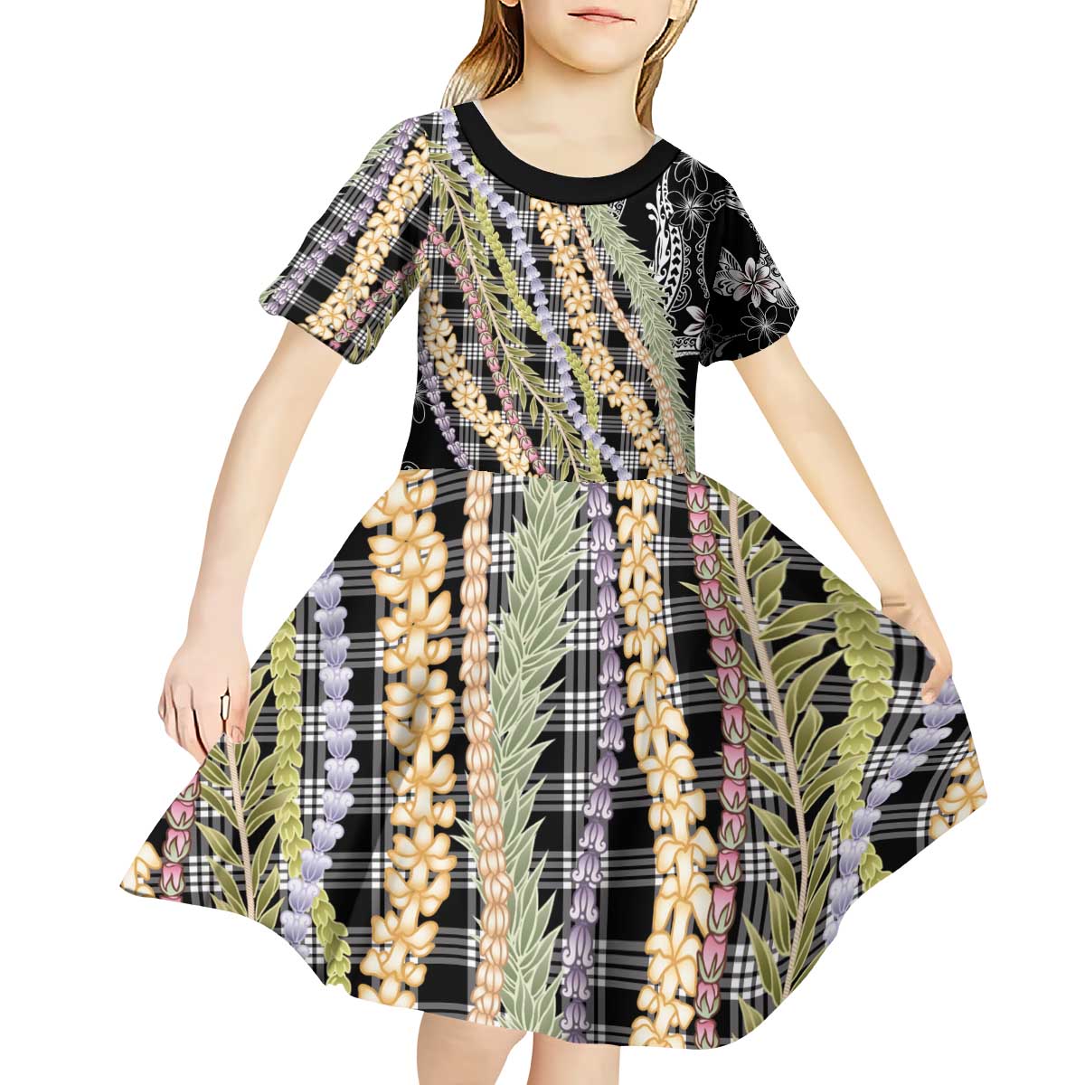 Black Palaka Hawaii Leis Kid Short Sleeve Dress Hawaiian-plaid Elegant Tropical Vibes - Polynesian Pride