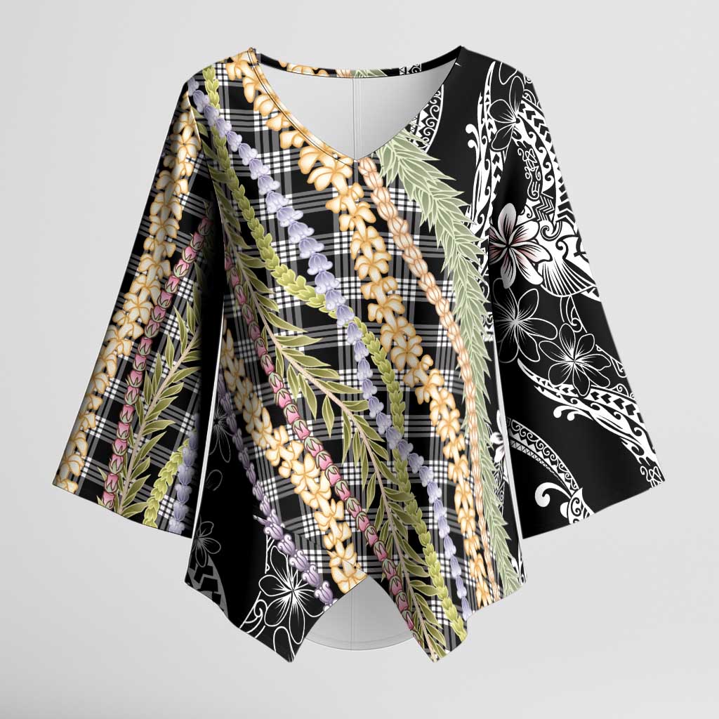 Black Palaka Hawaii Leis Kimono Sleeve Blouse Hawaiian-plaid Elegant Tropical Vibes - Polynesian Pride