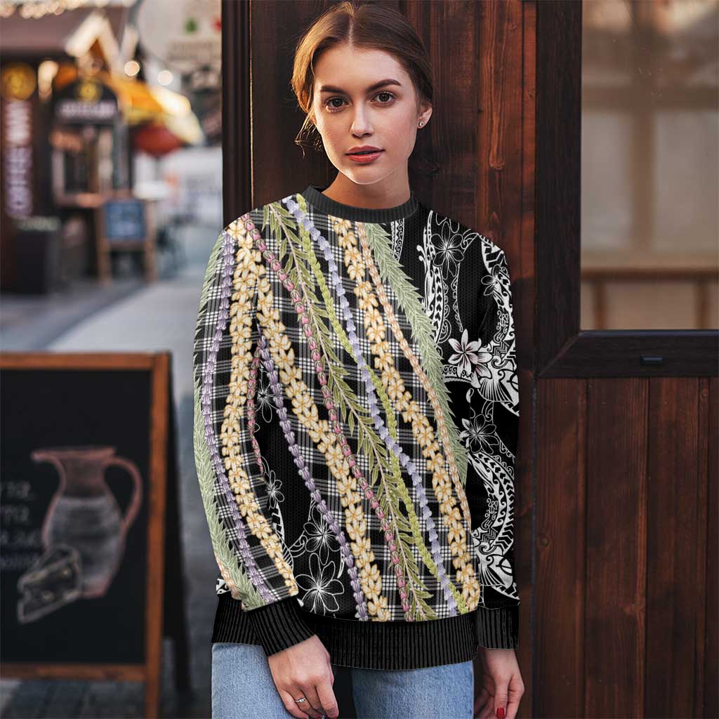 Black Palaka Hawaii Leis Ugly Christmas Sweater Hawaiian-plaid Elegant Tropical Vibes - Polynesian Pride