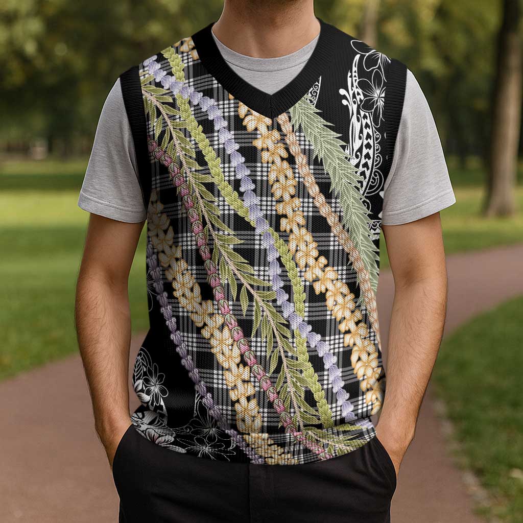 Black Palaka Hawaii Leis Christmas Knitted V-Neck Vest Hawaiian-plaid Elegant Tropical Vibes LT14 - Polynesian Pride