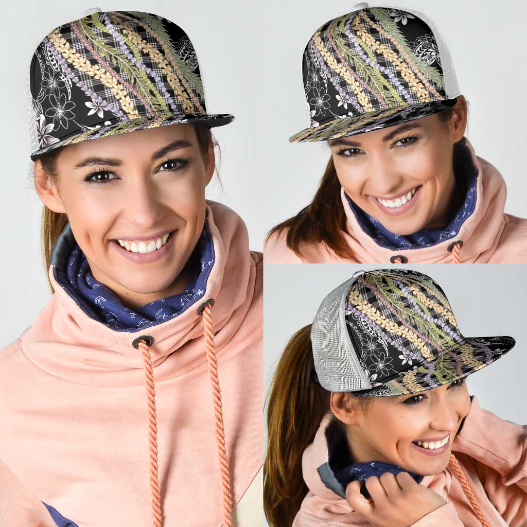 Black Palaka Hawaii Leis Mesh Trucker Cap Hawaiian-plaid Elegant Tropical Vibes - Polynesian Pride