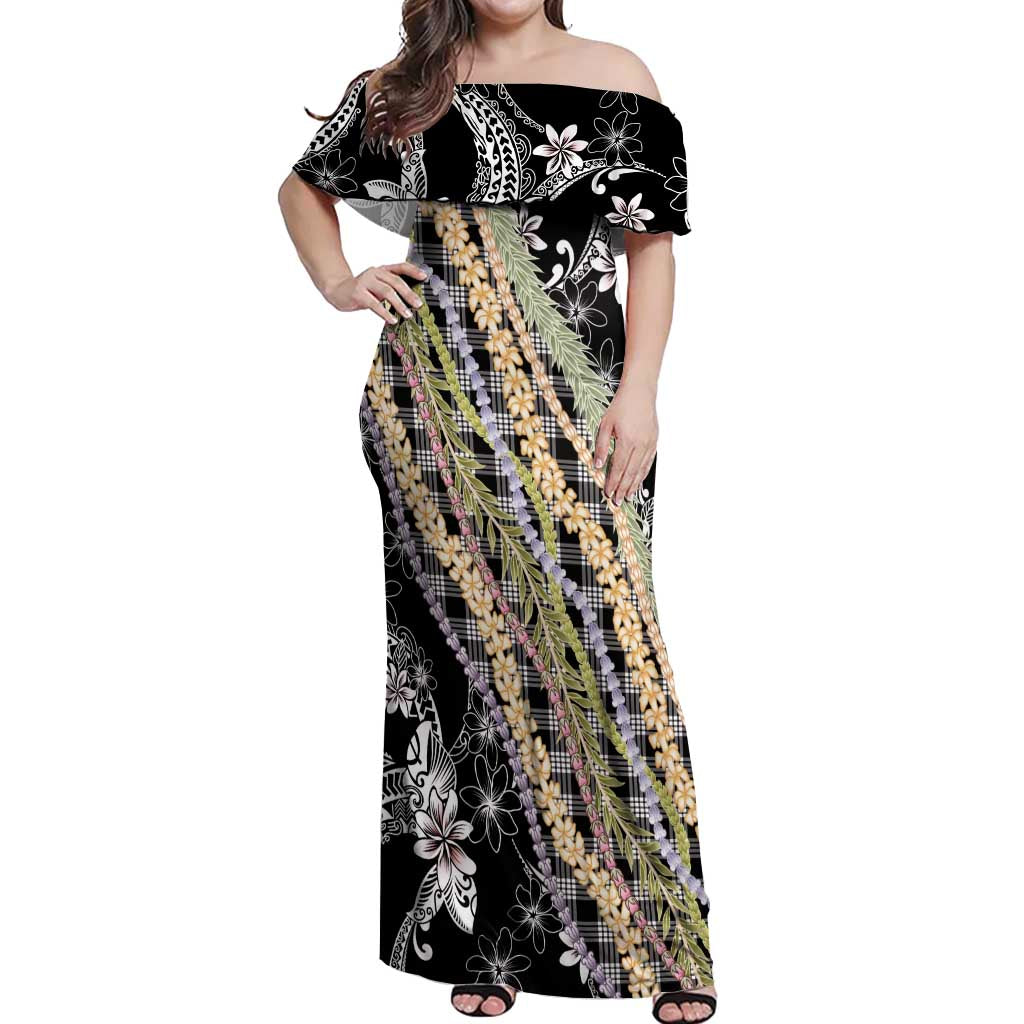 Black Palaka Hawaii Leis Off Shoulder Maxi Dress Hawaiian-plaid Elegant Tropical Vibes - Polynesian Pride