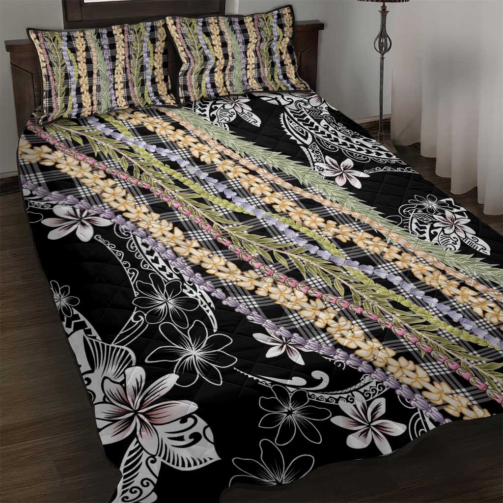 Black Palaka Hawaii Leis Quilt Bed Set Hawaiian-plaid Elegant Tropical Vibes - Polynesian Pride