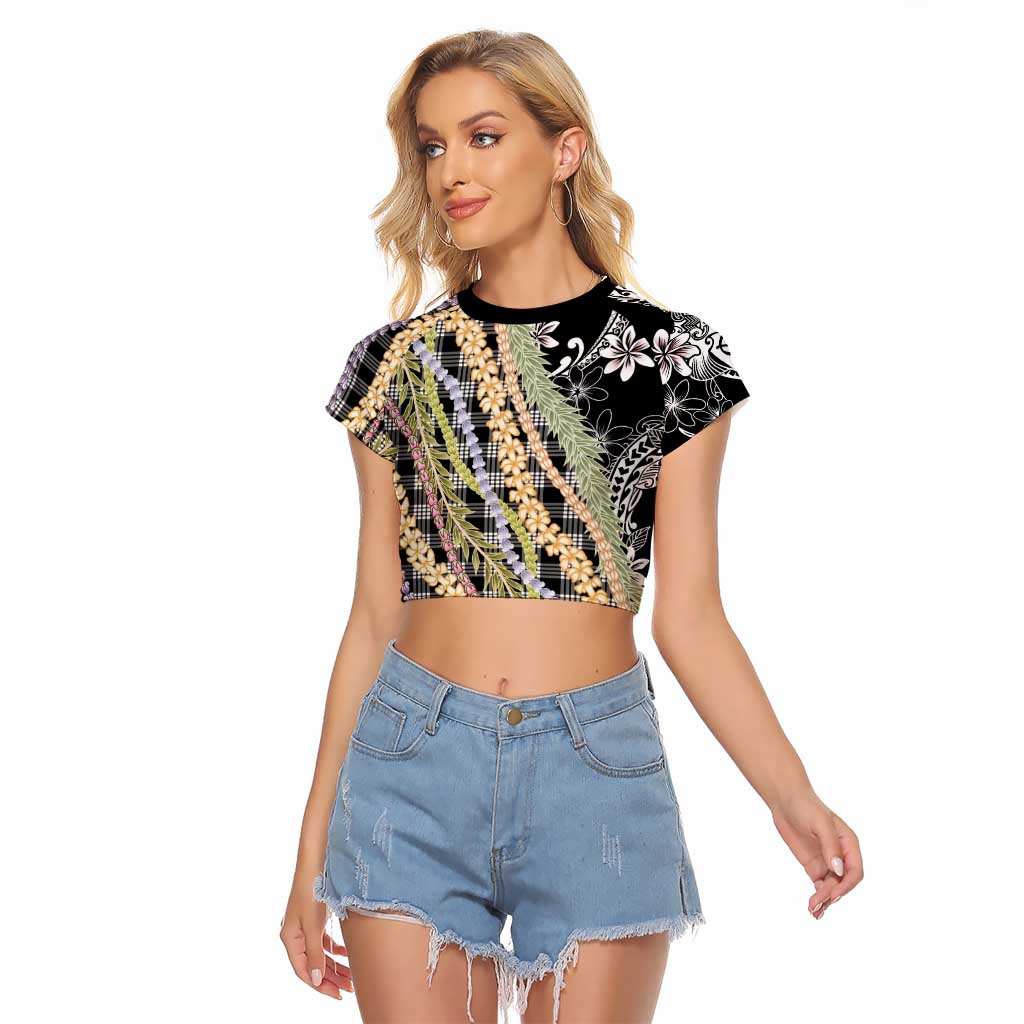 Black Palaka Hawaii Leis Raglan Cropped T Shirt Hawaiian-plaid Elegant Tropical Vibes LT14 Female Black - Polynesian Pride
