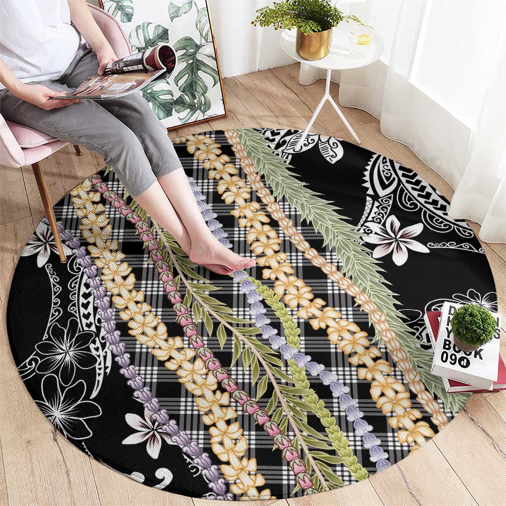 Black Palaka Hawaii Leis Round Carpet Hawaiian-plaid Elegant Tropical Vibes - Polynesian Pride