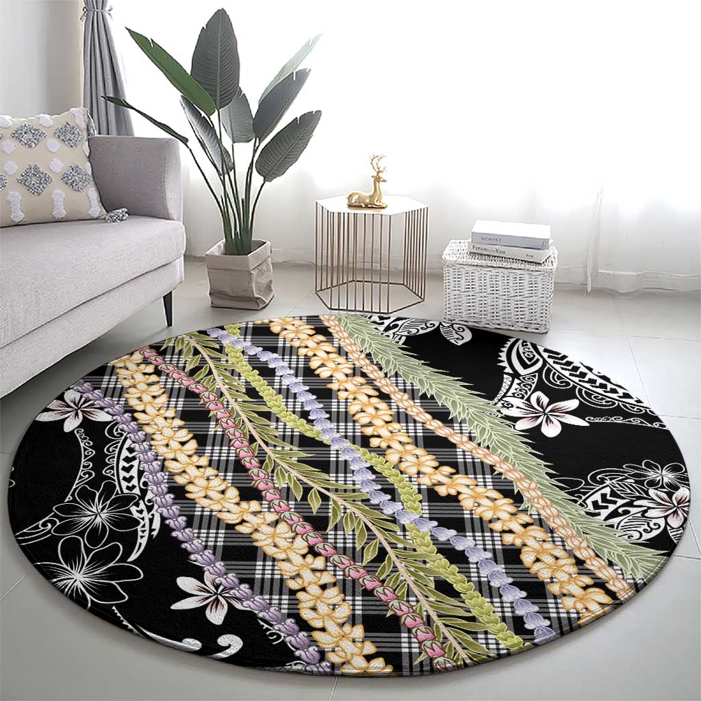 Black Palaka Hawaii Leis Round Carpet Hawaiian-plaid Elegant Tropical Vibes - Polynesian Pride