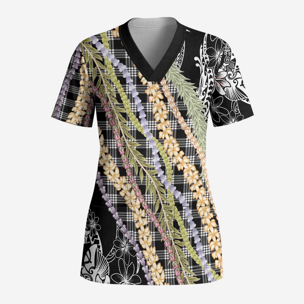 Black Palaka Hawaii Leis Scrub Top Hawaiian-plaid Elegant Tropical Vibes LT14 Adult Black - Polynesian Pride
