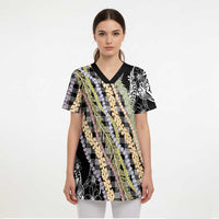 Black Palaka Hawaii Leis Scrub Top Hawaiian-plaid Elegant Tropical Vibes LT14 - Polynesian Pride