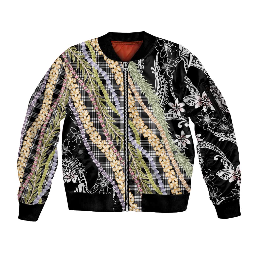 Black Palaka Hawaii Leis Sleeve Zip Bomber Jacket Hawaiian-plaid Elegant Tropical Vibes LT14 Unisex Black - Polynesian Pride