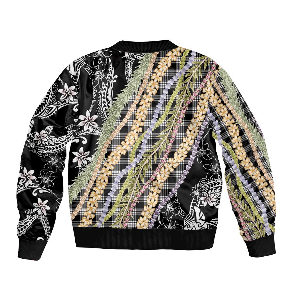 Black Palaka Hawaii Leis Sleeve Zip Bomber Jacket Hawaiian-plaid Elegant Tropical Vibes LT14 - Polynesian Pride
