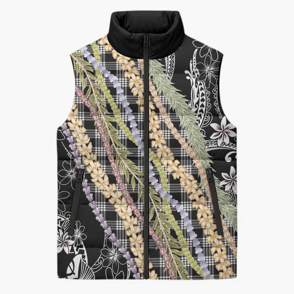 Black Palaka Hawaii Leis Sleeveless Puffer Jacket Hawaiian-plaid Elegant Tropical Vibes LT14 Unisex Black - Polynesian Pride