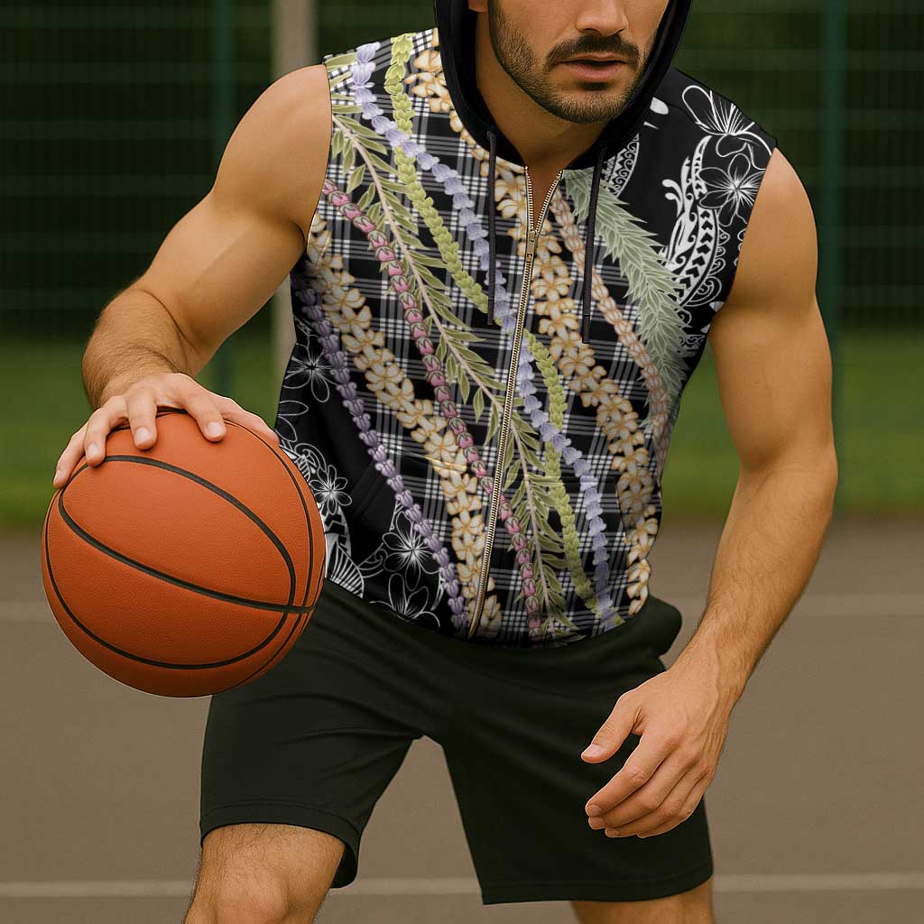 Black Palaka Hawaii Leis Sleeveless Zip Hoodie Hawaiian-plaid Elegant Tropical Vibes - Polynesian Pride