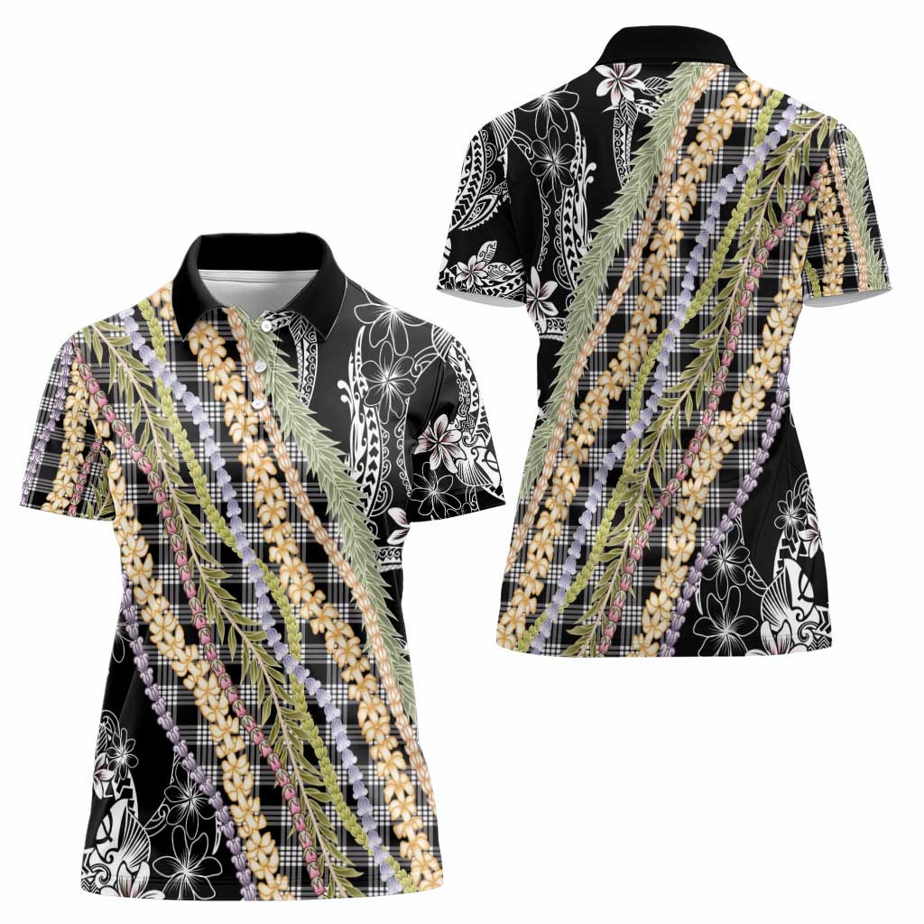 Black Palaka Hawaii Leis Women Polo Shirt Hawaiian-plaid Elegant Tropical Vibes - Polynesian Pride