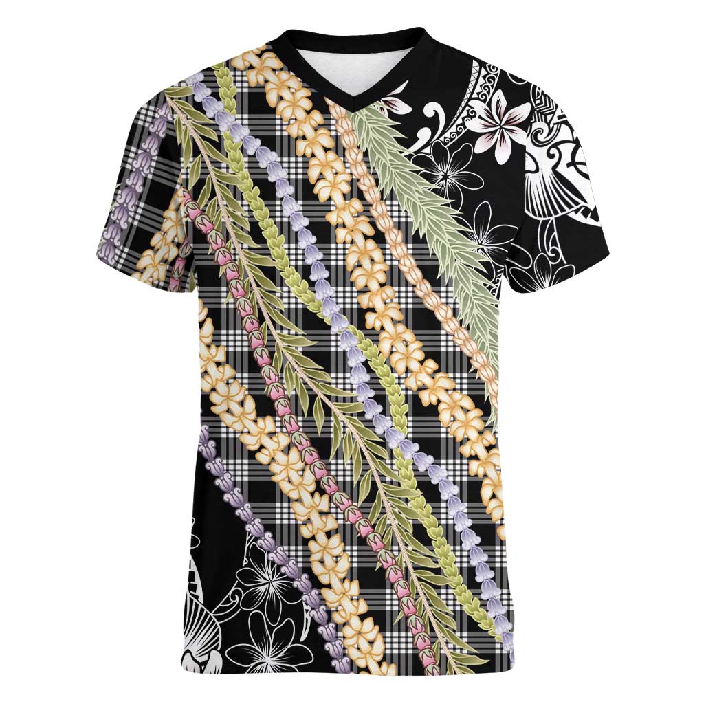 Black Palaka Hawaii Leis Women V-Neck T-Shirt Hawaiian-plaid Elegant Tropical Vibes - Polynesian Pride