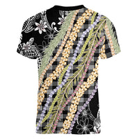 Black Palaka Hawaii Leis Women V-Neck T-Shirt Hawaiian-plaid Elegant Tropical Vibes - Polynesian Pride