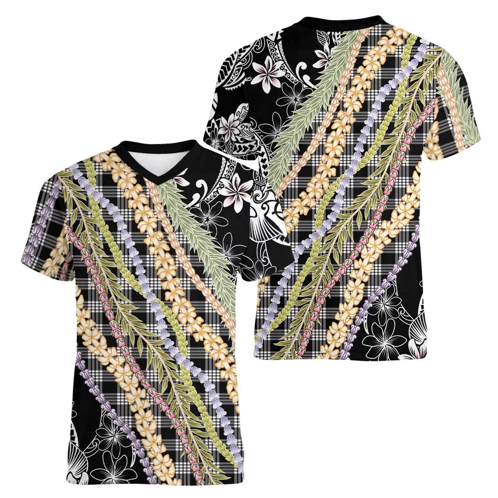Black Palaka Hawaii Leis Women V-Neck T-Shirt Hawaiian-plaid Elegant Tropical Vibes - Polynesian Pride