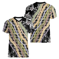 Black Palaka Hawaii Leis Women V-Neck T-Shirt Hawaiian-plaid Elegant Tropical Vibes - Polynesian Pride
