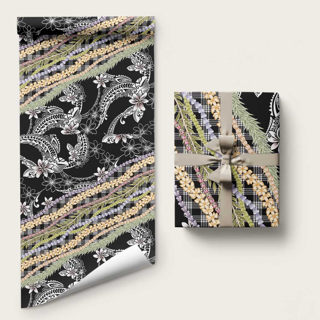 Black Palaka Hawaii Leis Wrapping Paper Hawaiian-plaid Elegant Tropical Vibes LT14 58" × 23" Black - Polynesian Pride