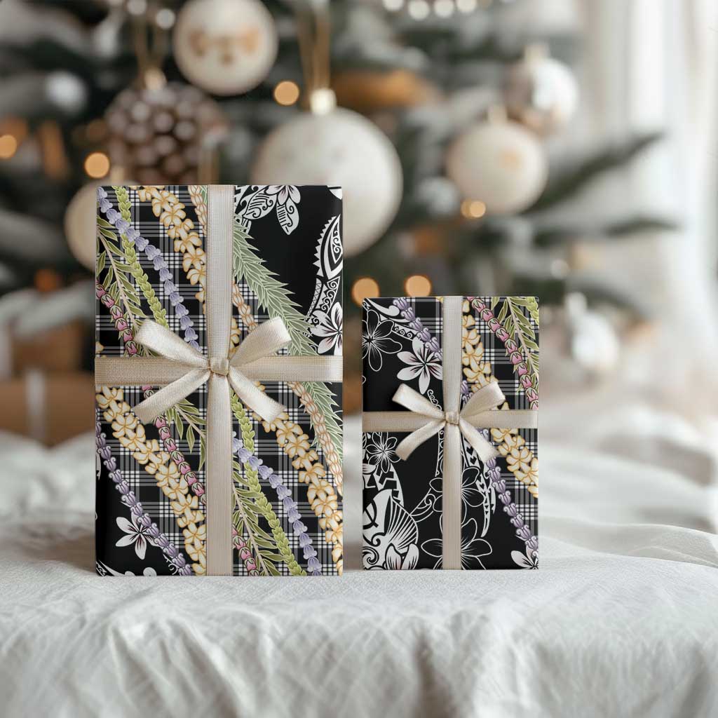 Black Palaka Hawaii Leis Wrapping Paper Hawaiian-plaid Elegant Tropical Vibes LT14 - Polynesian Pride