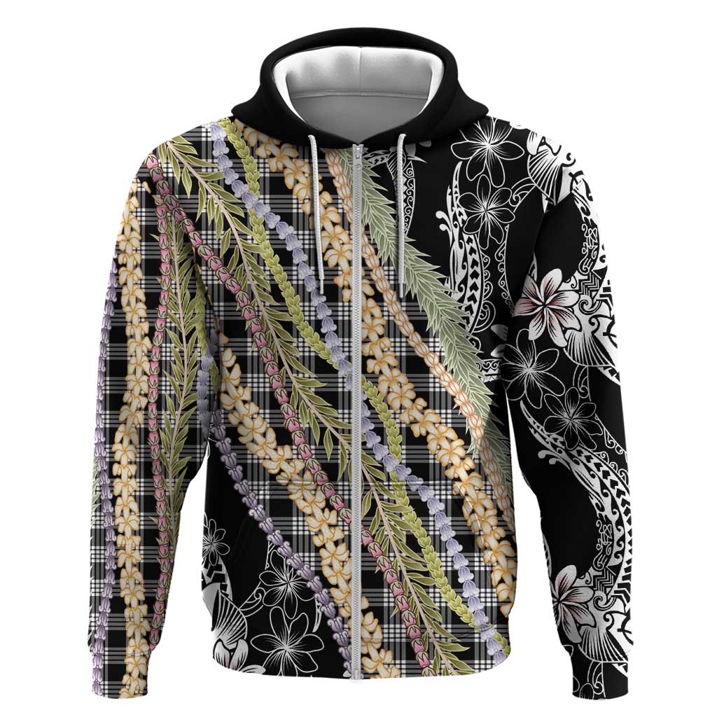 Black Palaka Hawaii Leis Zip Hoodie Hawaiian-plaid Elegant Tropical Vibes - Polynesian Pride