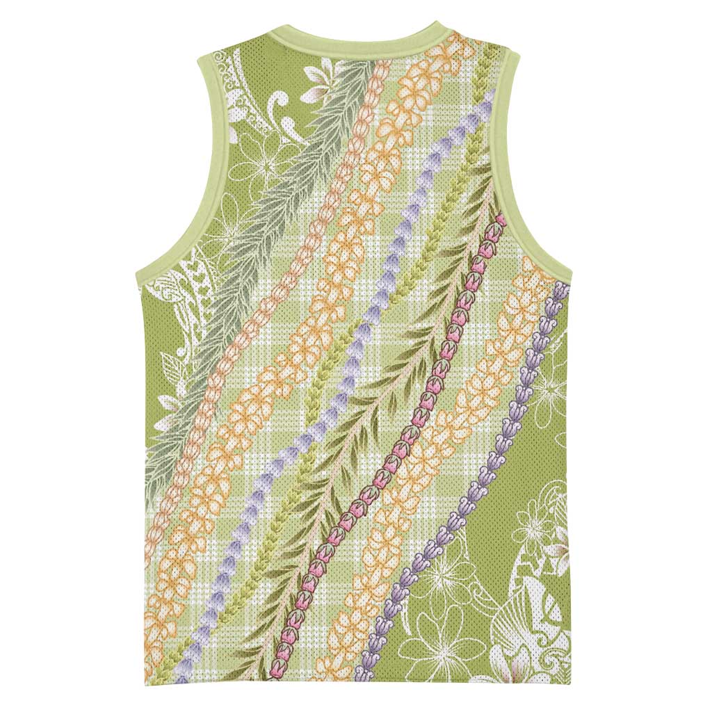 Green Palaka Hawaii Leis Basketball Jersey Hawaiian-plaid Elegant Tropical Vibes LT14 - Polynesian Pride