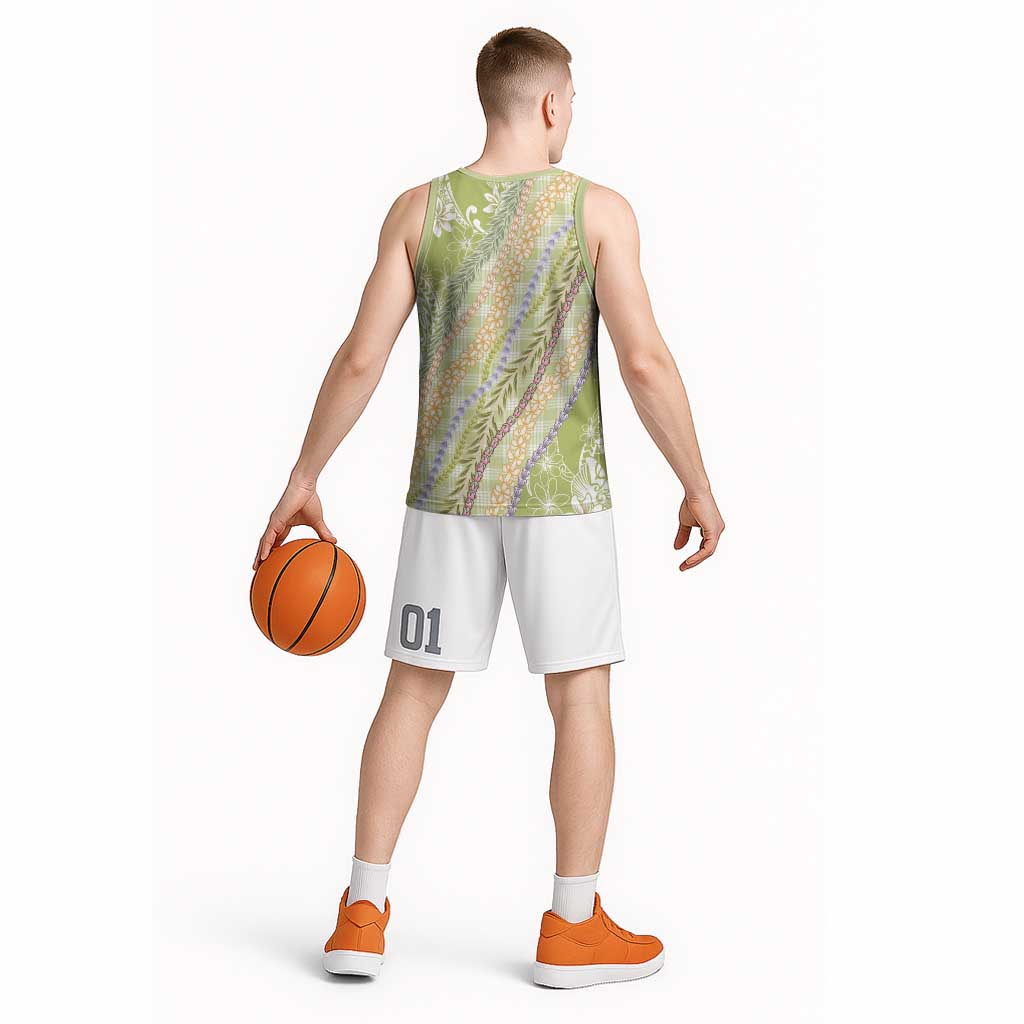 Green Palaka Hawaii Leis Basketball Jersey Hawaiian-plaid Elegant Tropical Vibes LT14 - Polynesian Pride