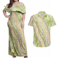 Green Palaka Hawaii Leis Couples Matching Off Shoulder Maxi Dress and Hawaiian Shirt Hawaiian-plaid Elegant Tropical Vibes - Polynesian Pride