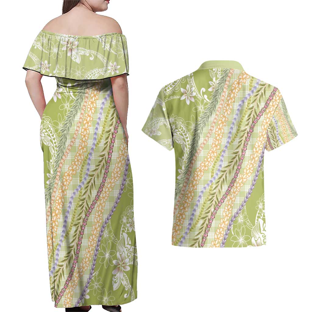Green Palaka Hawaii Leis Couples Matching Off Shoulder Maxi Dress and Hawaiian Shirt Hawaiian-plaid Elegant Tropical Vibes - Polynesian Pride